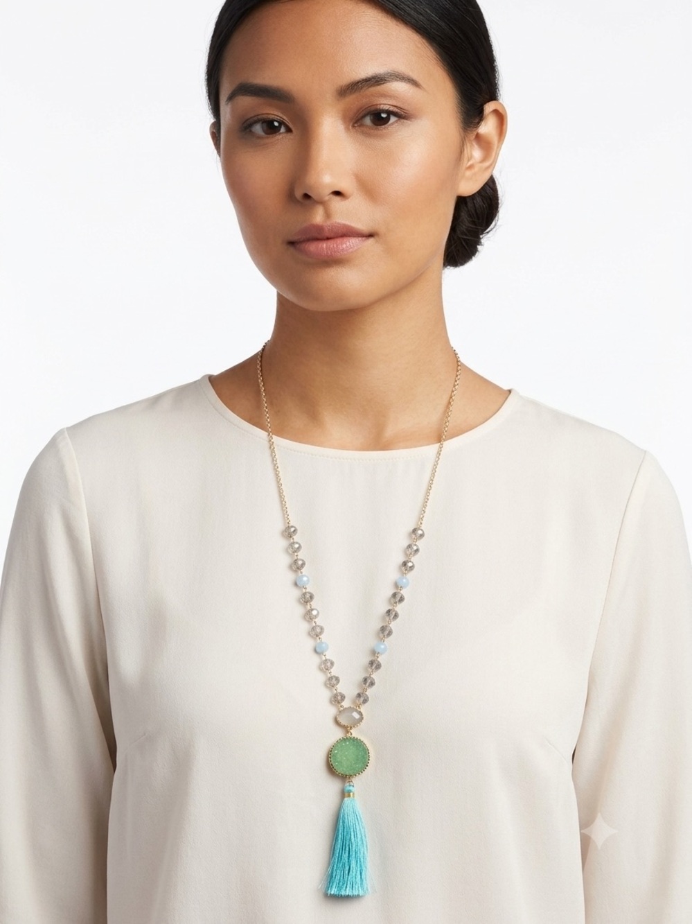 Gold Long Beaded Necklace with Green Pendant and Aqua Tassel